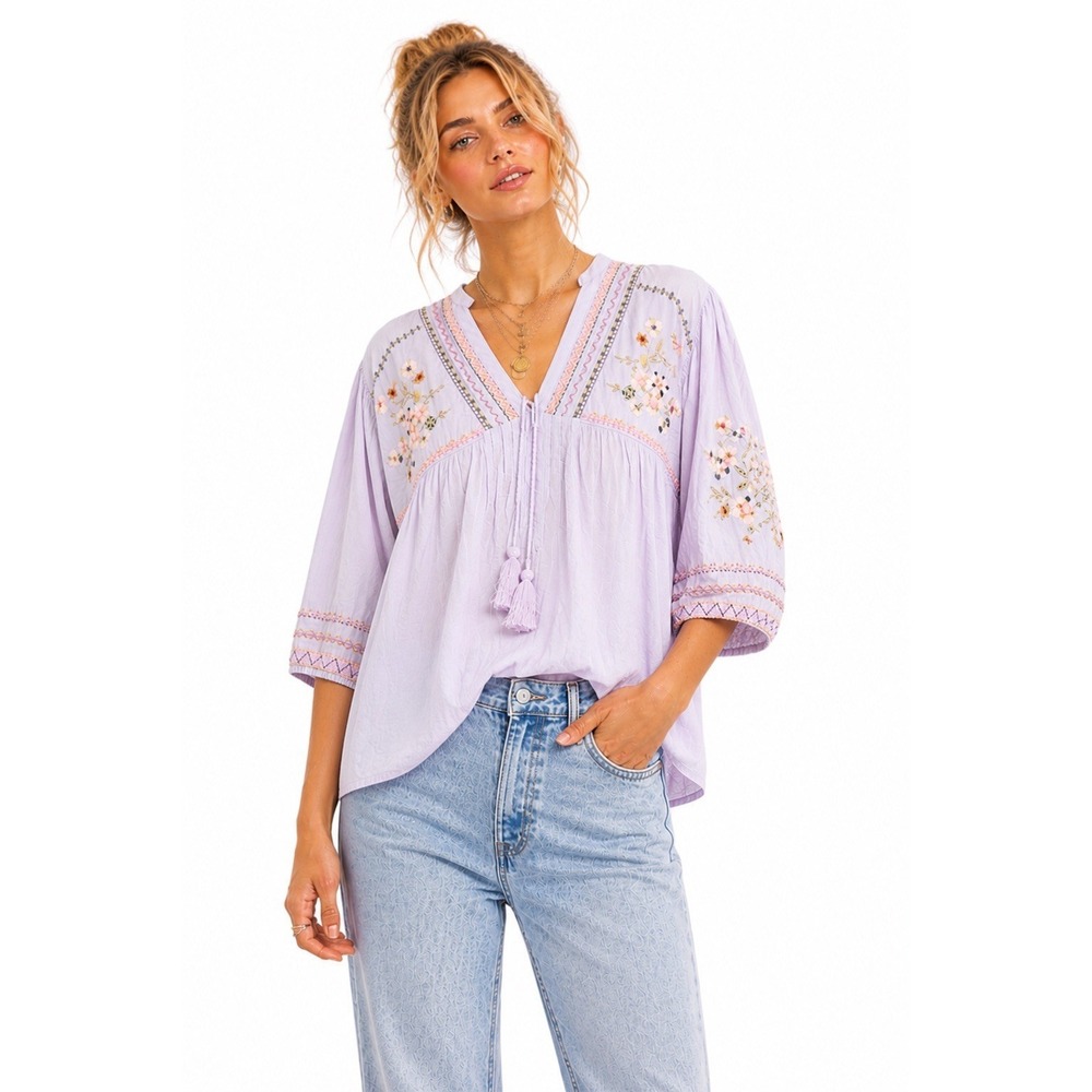 Piper & Scoot Lavender Boho Embroidered Blouse Floral Peasant Top Tassel Small